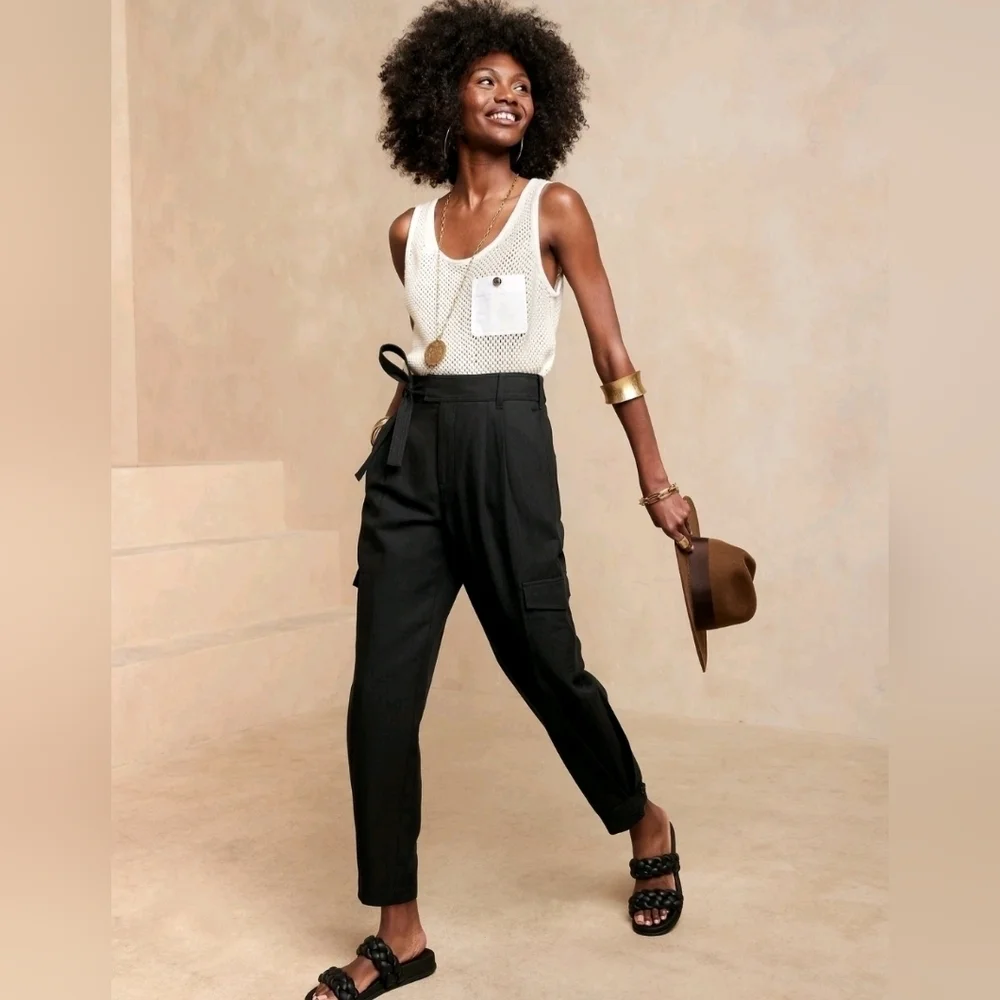 Banana Republic Lyocell Linen Blend Belted Cargo Pants 00 PETITE Black RT$110